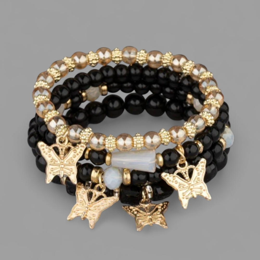 Gold and Black Beaded Butterfly Charm Bracelet Set
